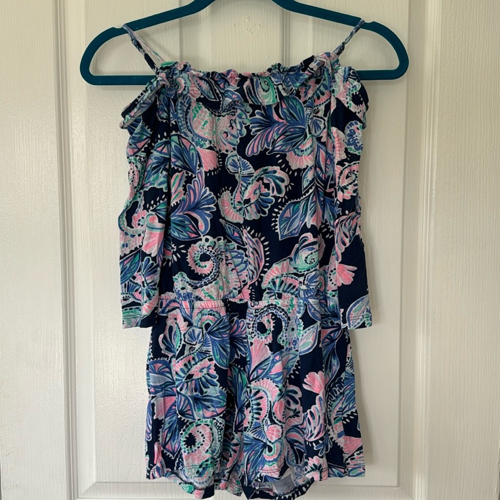 Lilly Pulitzer Girls Margaret Off The Shoulder Romper High Tide Holy 12-14 XL